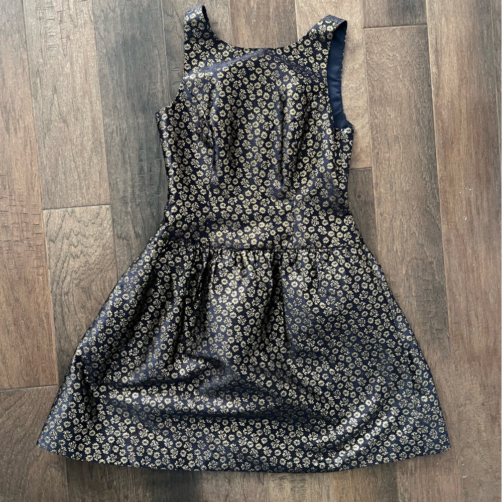 Navy blue and gold jacquard JCrew dress